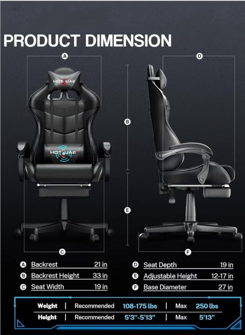 هوتس يو أيه إي كرسي ألعاب مع تدليك كرسي كمبيوتر، كرسي ألعاب بظهر عالي، كرسي ألعاب إلكتروني مريح مع ميلان زاوي كبير وضبط ارتفاع، مع وسادة للرقبة والخصر والساق 122x64x64 سم جلد أسود - Image 2
