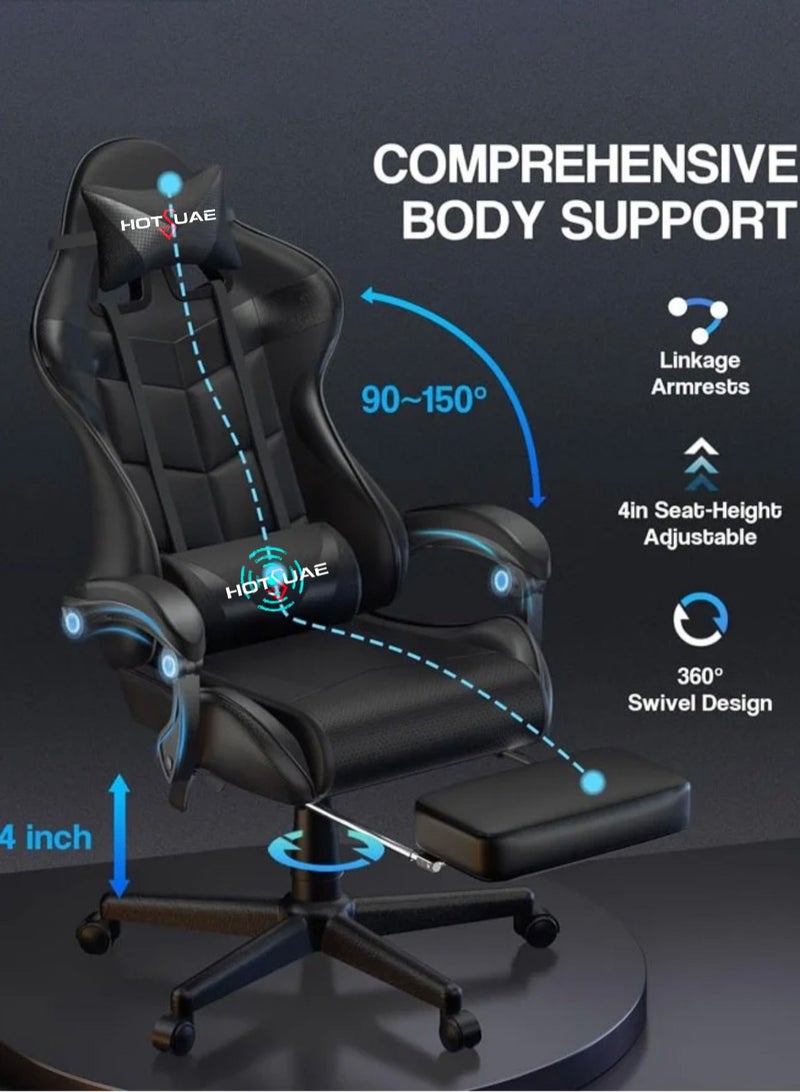 هوتس يو أيه إي كرسي ألعاب مع تدليك كرسي كمبيوتر، كرسي ألعاب بظهر عالي، كرسي ألعاب إلكتروني مريح مع ميلان زاوي كبير وضبط ارتفاع، مع وسادة للرقبة والخصر والساق 122x64x64 سم جلد أسود - Image 3