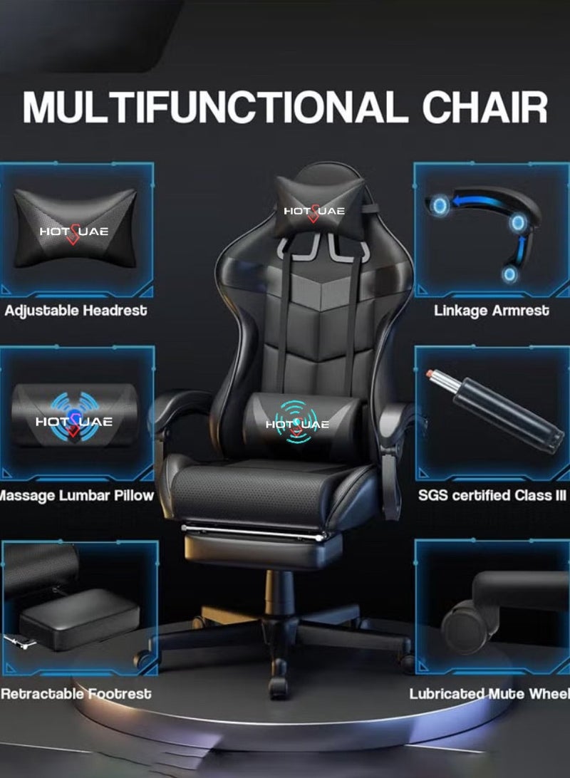 هوتس يو أيه إي كرسي ألعاب مع تدليك كرسي كمبيوتر، كرسي ألعاب بظهر عالي، كرسي ألعاب إلكتروني مريح مع ميلان زاوي كبير وضبط ارتفاع، مع وسادة للرقبة والخصر والساق 122x64x64 سم جلد أسود - Image 4