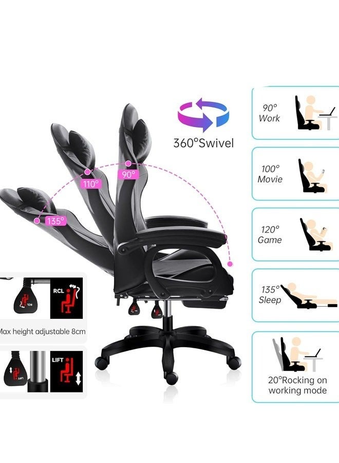هوتس يو أيه إي كرسي ألعاب مع تدليك كرسي كمبيوتر، كرسي ألعاب بظهر عالي، كرسي ألعاب إلكتروني مريح مع ميلان زاوي كبير وضبط ارتفاع، مع وسادة للرقبة والخصر والساق 122x64x64 سم جلد أسود - Image 5