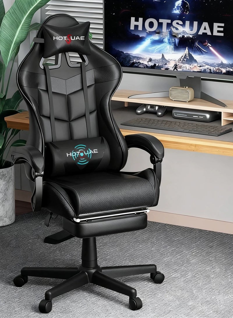 HotsUAE Gaming Chair with Massage Computer Chair, High Back Esports Chair, Ergonomic Large Angle Tilt and Height Adjustment Game Chair, with Neck Pillow Waist and Leg Support 122x64x64 cm Black Leather - Image 1