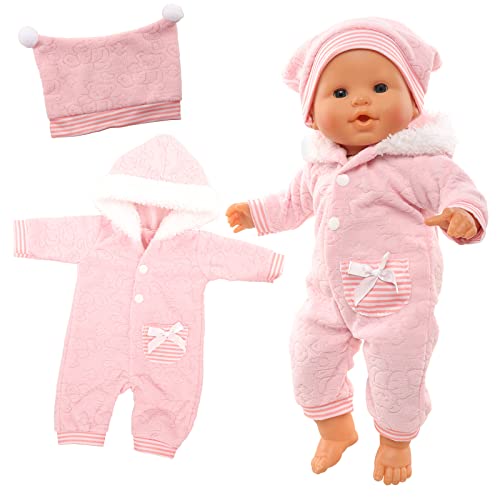 Miunana Baby Doll Clothes 14 to 16 Inch Doll Pink Jumpsuit Hooded Outfits with Cap Handmade Rompers Clothing Set - Image 1