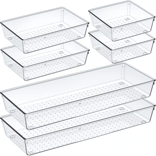 Criusia 6 Pcs Large Size Clear Drawer Organizer Set, Acrylic Non Slip Non Cracking Kitchen Drawer Storage Tray Divider, Multifunctional Storage for Cosmetics, Bathroom, Tools, Kitchen and Office - Image 1