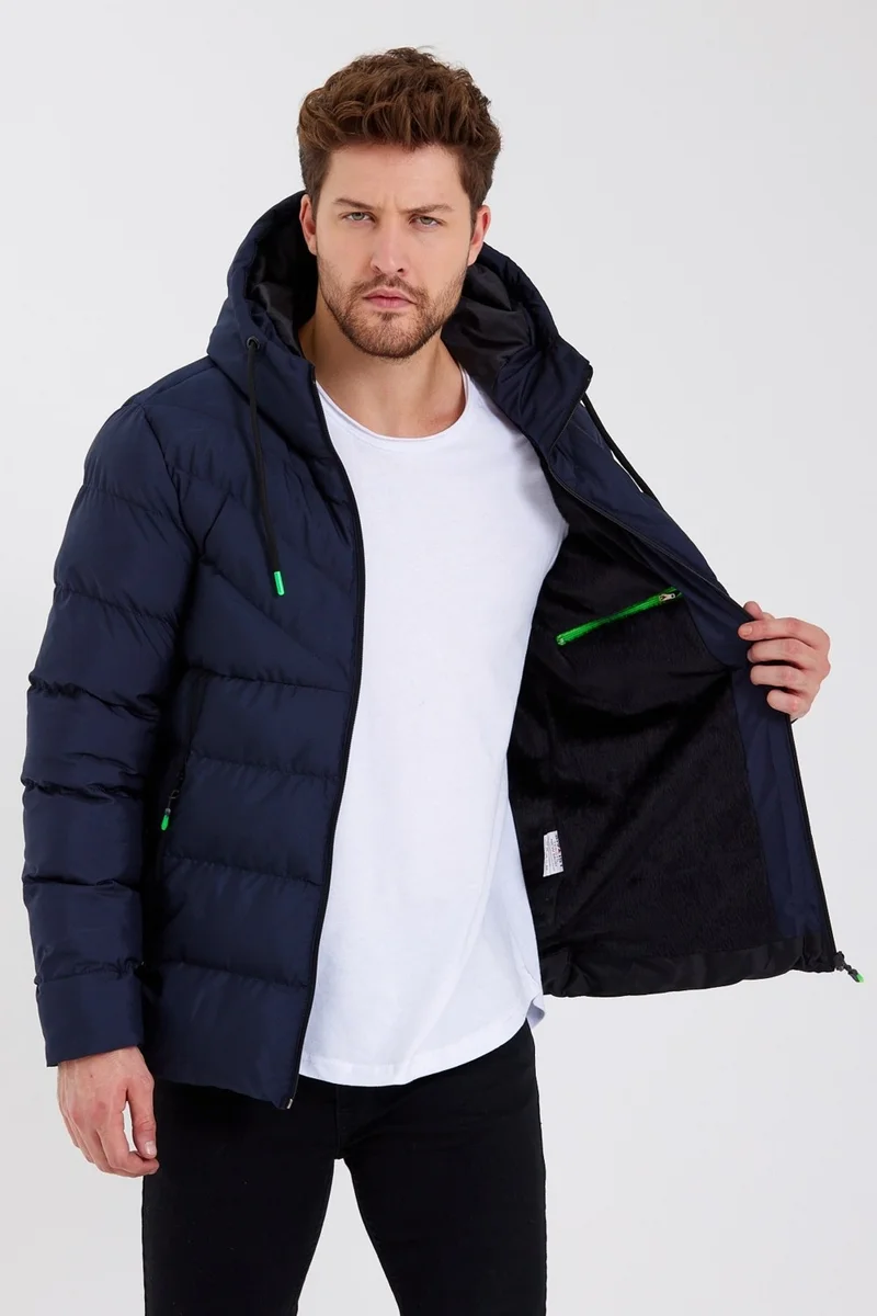 Sivaist New Season Men's Navy Blue Water and Windproof Hooded Thick Furry Puffer Coat & Jacket