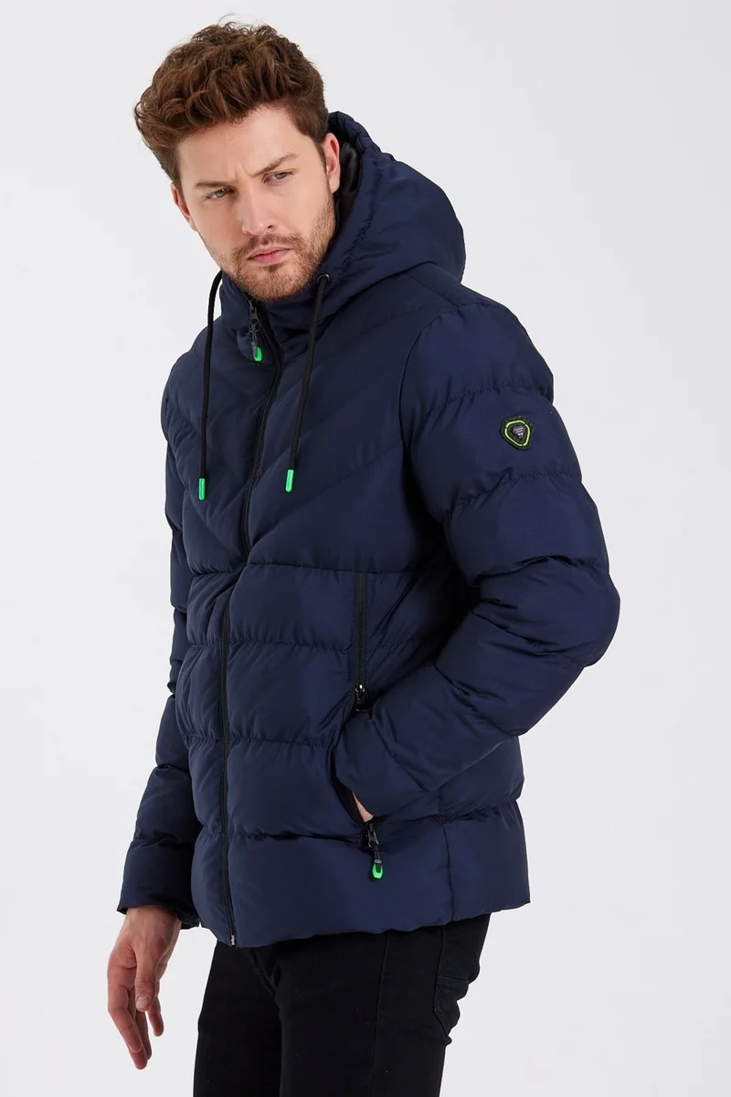 Sivaist New Season Men's Navy Blue Water and Windproof Hooded Thick Furry Puffer Coat & Jacket