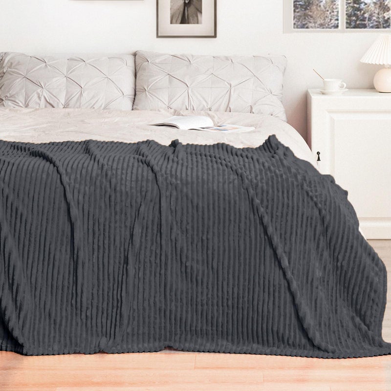 Vessia Flannel Fleece Throw Blanket  Lightweight Warm and Soft Striped Grey Couch and Bed Blanket  Cozy Microfiber Ribbed Sofa Decor for All Season - Image 4