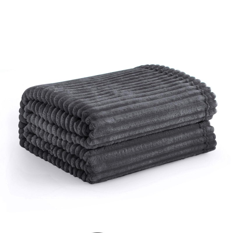 Vessia Flannel Fleece Throw Blanket  Lightweight Warm and Soft Striped Grey Couch and Bed Blanket  Cozy Microfiber Ribbed Sofa Decor for All Season - Image 1
