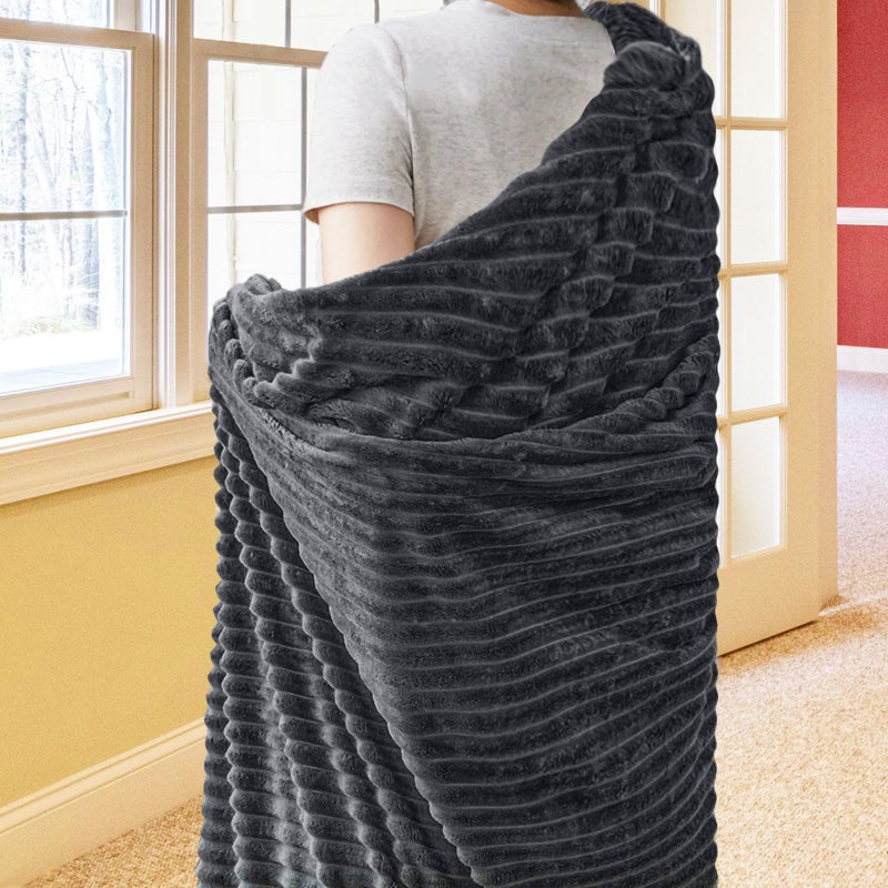 Vessia Flannel Fleece Throw Blanket  Lightweight Warm and Soft Striped Grey Couch and Bed Blanket  Cozy Microfiber Ribbed Sofa Decor for All Season - Image 2
