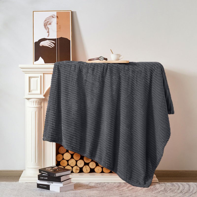 Vessia Flannel Fleece Throw Blanket  Lightweight Warm and Soft Striped Grey Couch and Bed Blanket  Cozy Microfiber Ribbed Sofa Decor for All Season - Image 5