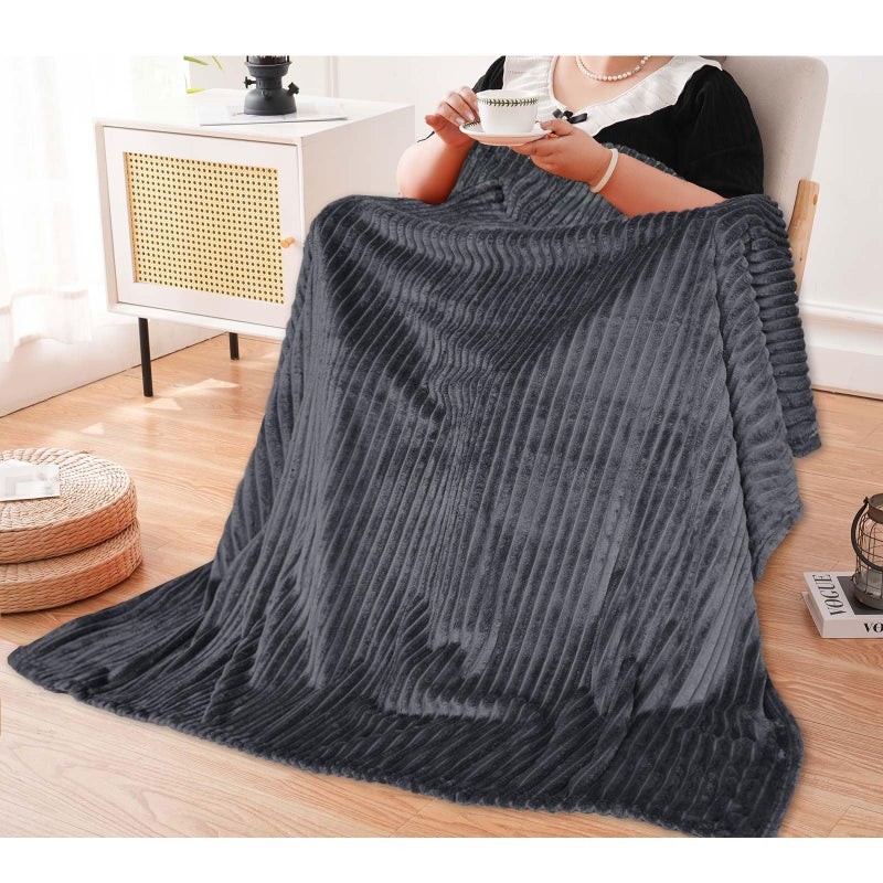 Vessia Flannel Fleece Throw Blanket  Lightweight Warm and Soft Striped Grey Couch and Bed Blanket  Cozy Microfiber Ribbed Sofa Decor for All Season - Image 3