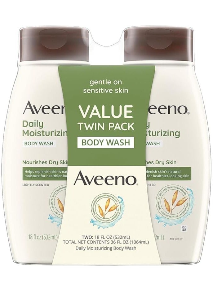 Aveeno Daily Moisturizing Body Wash for Dry & Sensitive Skin with Prebiotic Oat, Light Fragrance, Sulfate-Free, 18 fl. oz, Pack of 2 - Image 1