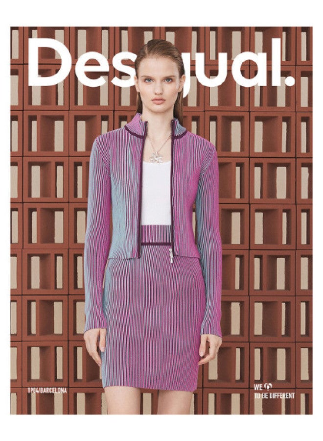 DESIGUAL Two-Tone Optical Illusion Vertical Ribbed High-Waisted Short Knitted Skirt - Image 1
