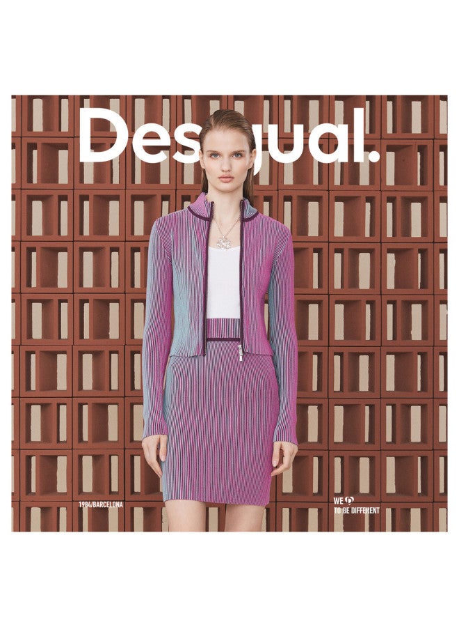 DESIGUAL Two-Tone Optical Illusion Vertical Ribbed High-Waisted Short Knitted Skirt - Image 2