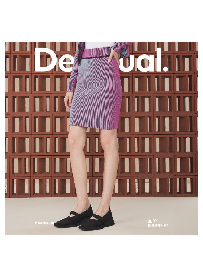 DESIGUAL Two-Tone Optical Illusion Vertical Ribbed High-Waisted Short Knitted Skirt - Image 5