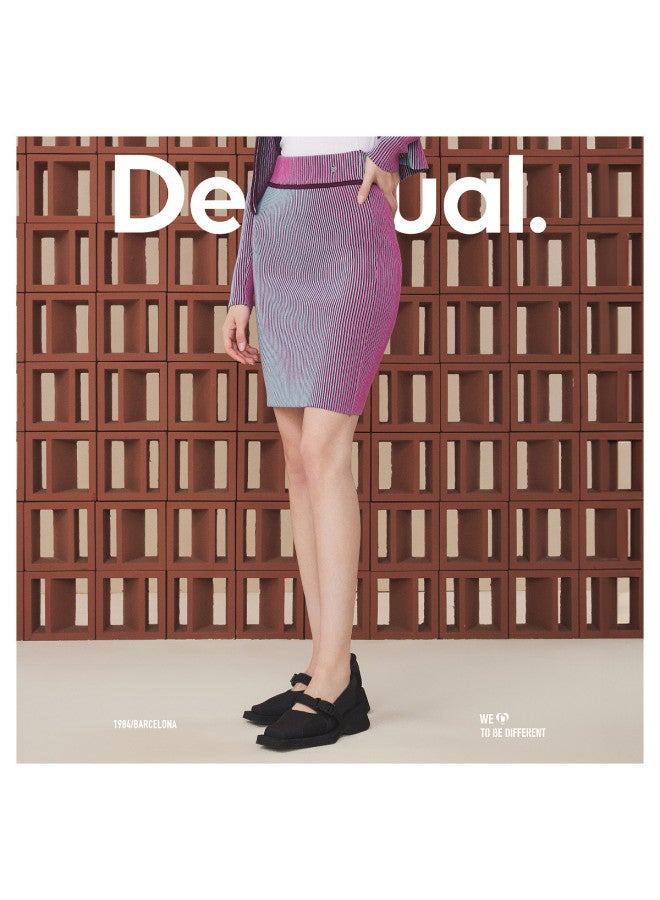 DESIGUAL Two-Tone Optical Illusion Vertical Ribbed High-Waisted Short Knitted Skirt - Image 3