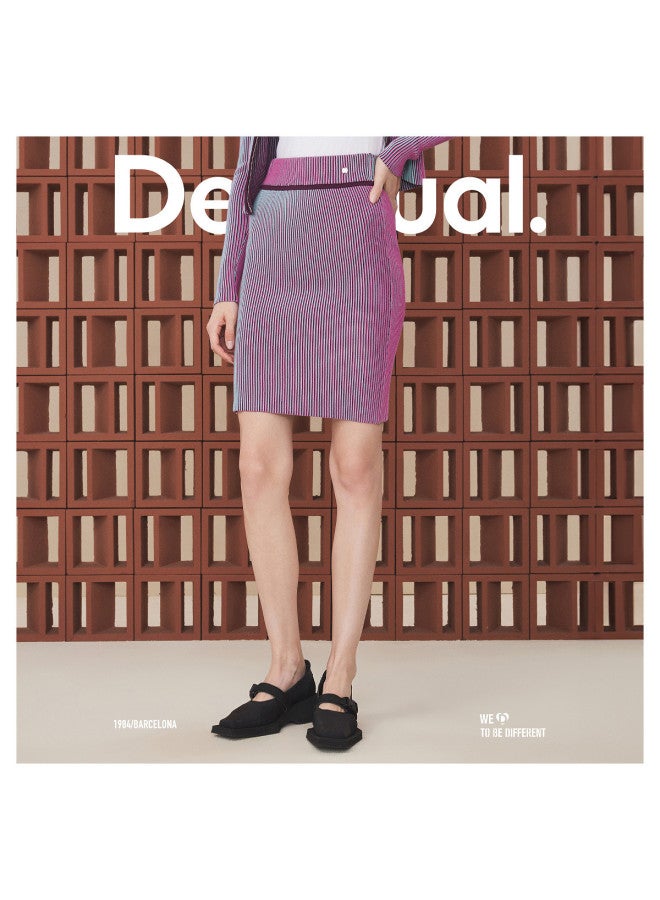 DESIGUAL Two-Tone Optical Illusion Vertical Ribbed High-Waisted Short Knitted Skirt - Image 4