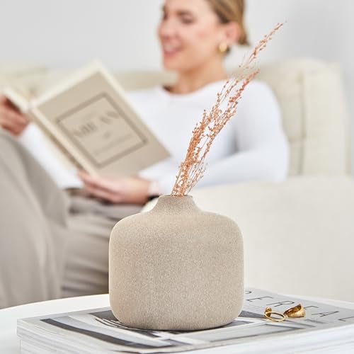 Amarcado Small Ceramic Vase for Pampas Grass or Flowers - Minimalist Home Decor - Round Boho Pampas Grass Vase - Flower Vase for Coffee Table - Modern Vase for Centerpiece Table Decorations - Image 3