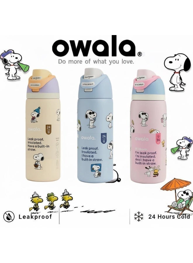 Owala 32 OZ. 945 ML Owala Snoopy FreeSlip Stainless Steel Vacuum Insulated Sports Water Bottle. Pink, with push button lids and built-in straws for sipping or swigging. - Image 2