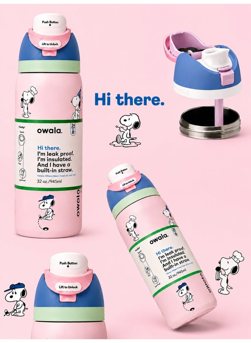 Owala 32 OZ. 945 ML Owala Snoopy FreeSlip Stainless Steel Vacuum Insulated Sports Water Bottle. Pink, with push button lids and built-in straws for sipping or swigging. - Image 1
