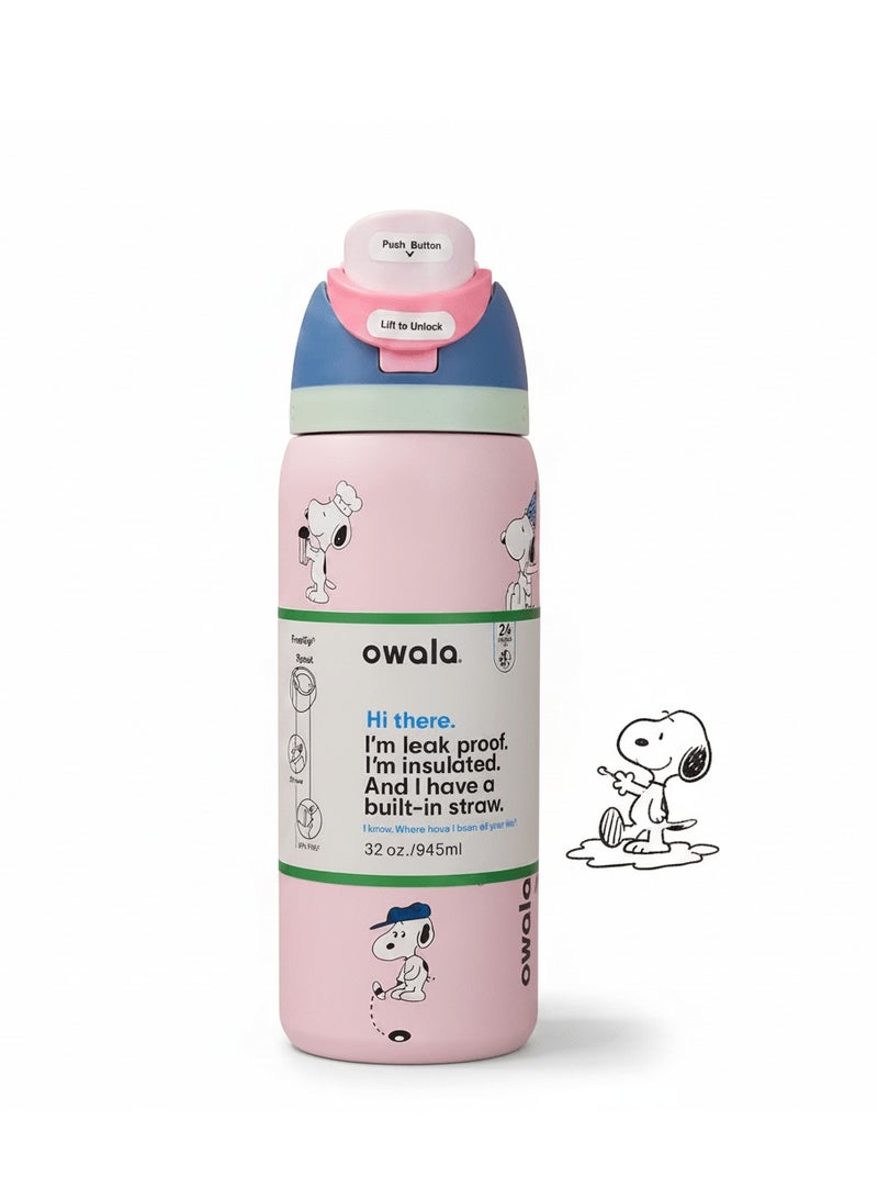 Owala 32 OZ. 945 ML Owala Snoopy FreeSlip Stainless Steel Vacuum Insulated Sports Water Bottle. Pink, with push button lids and built-in straws for sipping or swigging. - Image 5