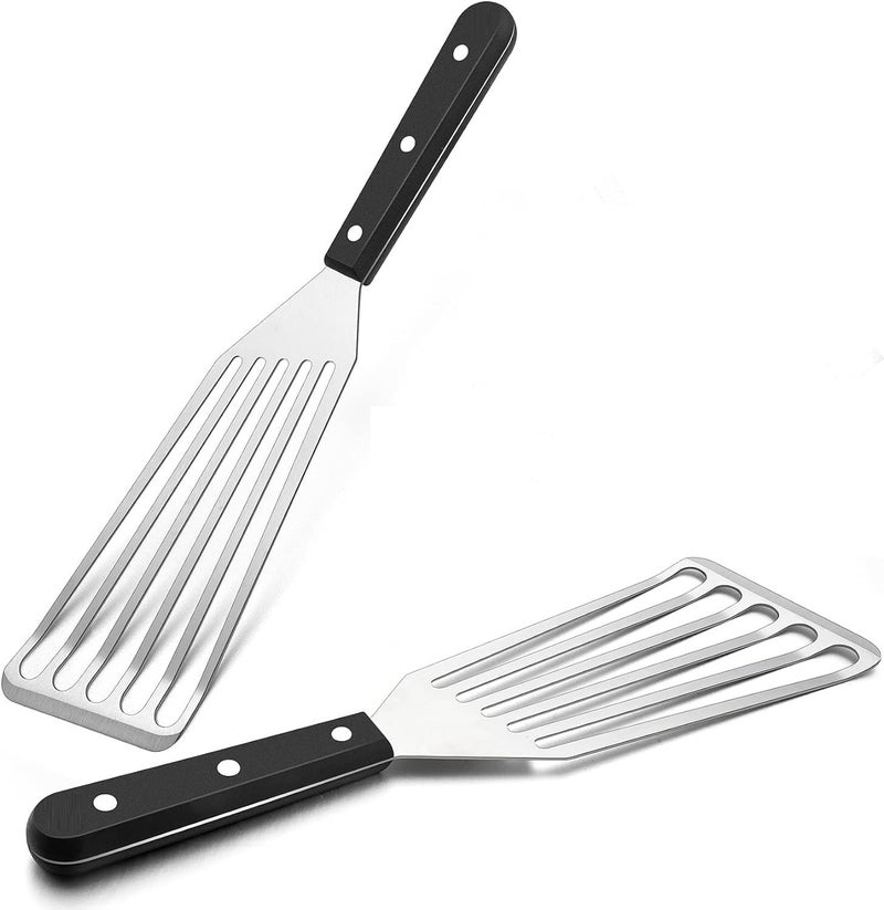 Ramkuwar 2 pcs Fish Spatula with Curved Stainless Steel Blade Thin and Flexible Slotted Kitchen Turner Spatulas with Full Tang Handle Metal Flipper for Flipping Fish Egg Pancake Turner Small+Big - Image 1