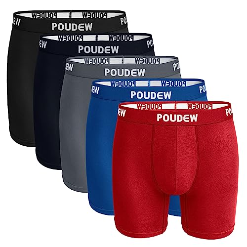 POUDEW Men's Breathable Viscose Moisture Wicking No Roll Waistband Tagless Underwear Boxer Briefs, Pack of 5 (Medium, Black/Grey/Navy/Blue/Red) - Image 1
