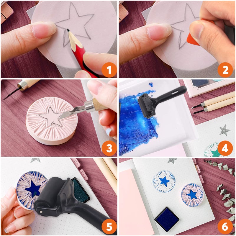 Rustark 13Pcs Rubber Stamp Making Kit with Stamp Block, Rubber Brayer Roller,Rubber and Wood Carving Cutting Tool, Block Printing Starter Tool Kit for Inking Blocks Carving and Printmaking - Image 4