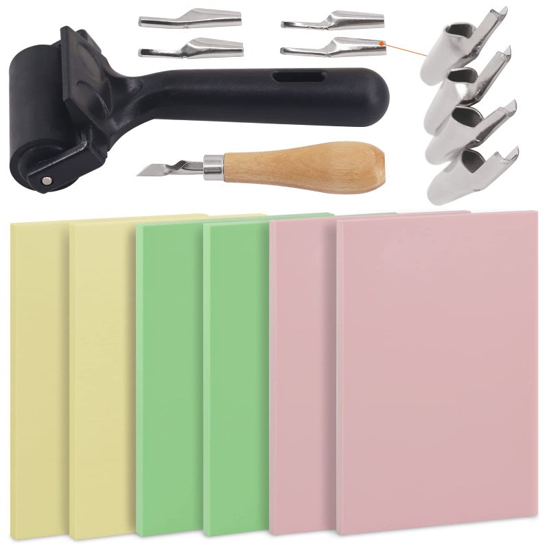 Rustark 13Pcs Rubber Stamp Making Kit with Stamp Block, Rubber Brayer Roller,Rubber and Wood Carving Cutting Tool, Block Printing Starter Tool Kit for Inking Blocks Carving and Printmaking - Image 1