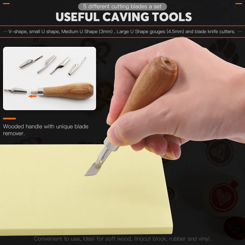 Rustark 13Pcs Rubber Stamp Making Kit with Stamp Block, Rubber Brayer Roller,Rubber and Wood Carving Cutting Tool, Block Printing Starter Tool Kit for Inking Blocks Carving and Printmaking - Image 5