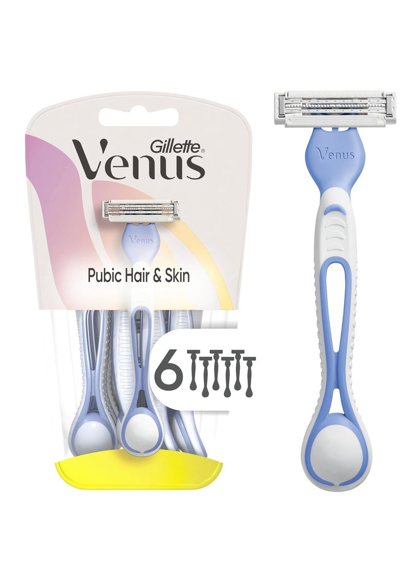 Gillette شفرات حلاقة جيليت فينوس النسائية القابلة للتصرف لشعر العانة والبشرة، شفرات البيكيني للنساء، 6 قطع - Image 1