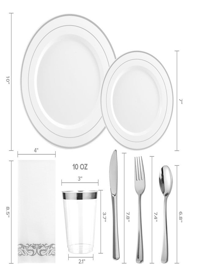 FOCUSLINE 175 Count Silver Dinnerware Set for 25 Guests - Silver Rimmed Disposable Plastic Plates Heavy Duty, Includes 25 Dinner & Salad Plates, Cups, Cutlery Set for Wedding Parties - Image 2