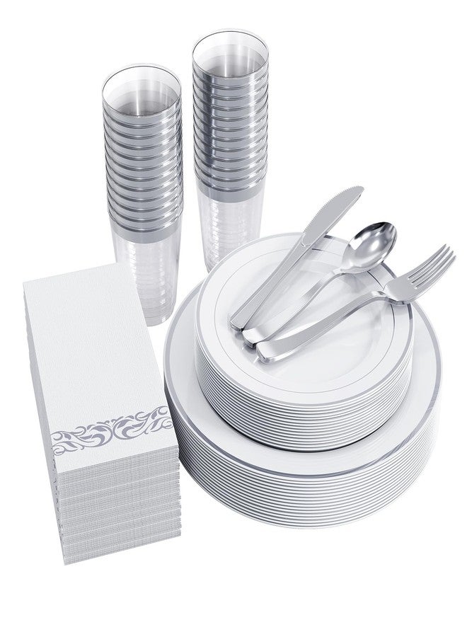 FOCUSLINE 175 Count Silver Dinnerware Set for 25 Guests - Silver Rimmed Disposable Plastic Plates Heavy Duty, Includes 25 Dinner & Salad Plates, Cups, Cutlery Set for Wedding Parties - Image 1