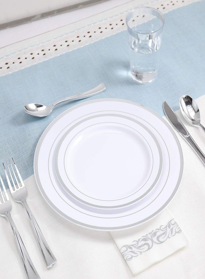 FOCUSLINE 175 Count Silver Dinnerware Set for 25 Guests - Silver Rimmed Disposable Plastic Plates Heavy Duty, Includes 25 Dinner & Salad Plates, Cups, Cutlery Set for Wedding Parties - Image 3