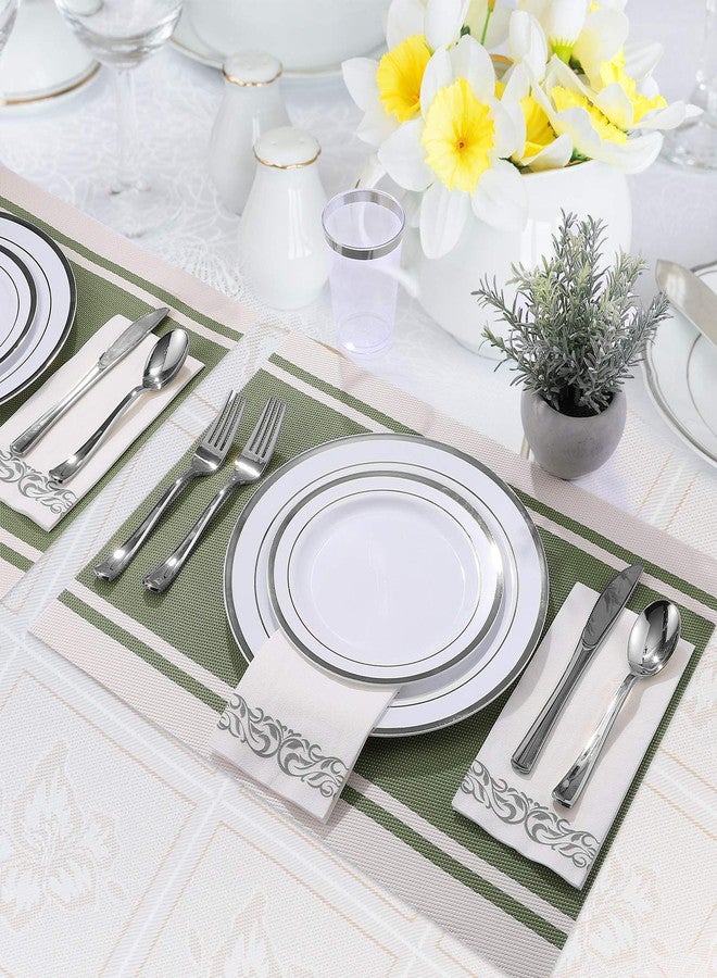 FOCUSLINE 175 Count Silver Dinnerware Set for 25 Guests - Silver Rimmed Disposable Plastic Plates Heavy Duty, Includes 25 Dinner & Salad Plates, Cups, Cutlery Set for Wedding Parties - Image 4