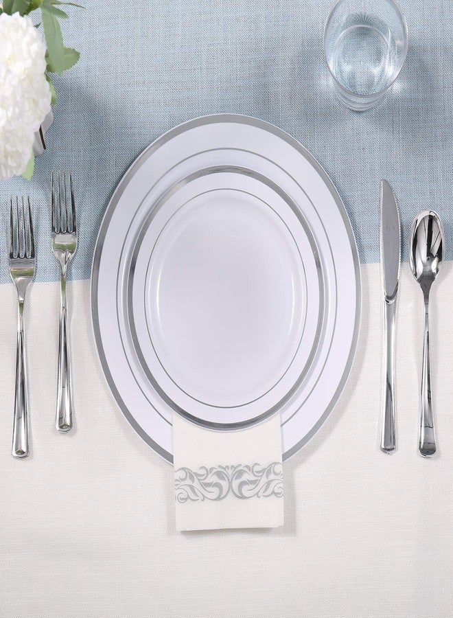 FOCUSLINE 175 Count Silver Dinnerware Set for 25 Guests - Silver Rimmed Disposable Plastic Plates Heavy Duty, Includes 25 Dinner & Salad Plates, Cups, Cutlery Set for Wedding Parties - Image 5