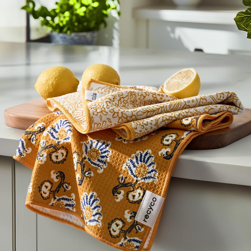 RECYCO Waffle Kitchen Towel Set of 2 - Quick Dry Microfiber Sustainable Dish Towels - Ultra Absorbent Reusable Cleaning Tea Towels - Lightweight Hand Towels,16â€x 28â€, Marigold Mosaic - Image 1