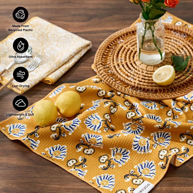 RECYCO Waffle Kitchen Towel Set of 2 - Quick Dry Microfiber Sustainable Dish Towels - Ultra Absorbent Reusable Cleaning Tea Towels - Lightweight Hand Towels,16â€x 28â€, Marigold Mosaic - Image 2