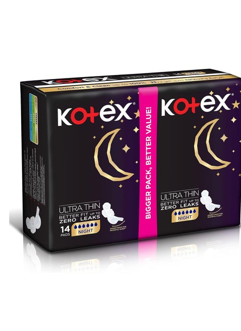 Kotex Natural Ultra Thin Pads, 100% Cotton, Super Size Sanitary Pads with Wings, 14 Pads