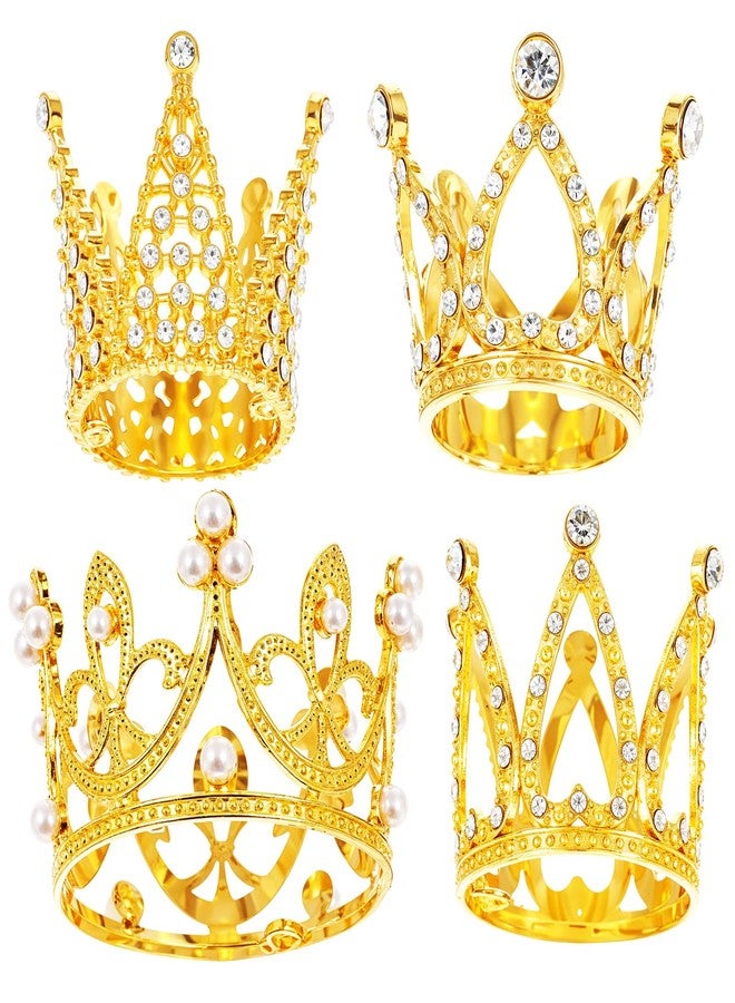 Apausvcm 4 Pcs Crown Cake Topper, Gold Mini Birthday Crown Crystal Pearl Vintage Small Tiara Baby Princess Kueen Cake Crowns for Flower Arrangements Birthday Wedding Party Decor (Gold) - Image 1