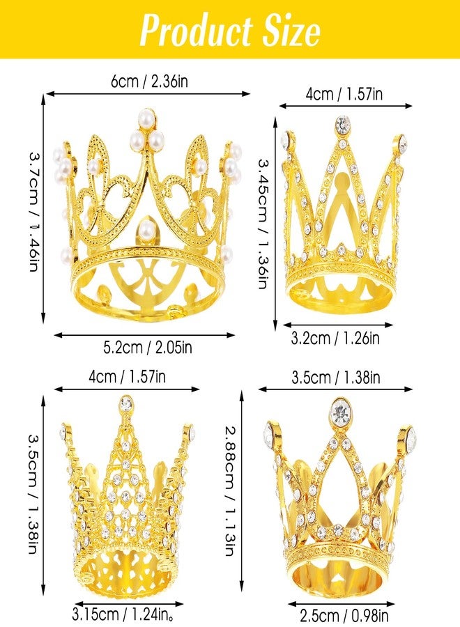 Apausvcm 4 Pcs Crown Cake Topper, Gold Mini Birthday Crown Crystal Pearl Vintage Small Tiara Baby Princess Kueen Cake Crowns for Flower Arrangements Birthday Wedding Party Decor (Gold) - Image 2