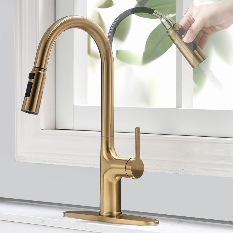 FROPO Brushed Gold Kitchen Faucet, Single Handle Gold Kitchen Sink Faucet with Pull Down Sprayer Modern Stainless Steel Brass Gold Faucet with Deck Plate 3-Function Spray Head 1 or 3 Hole - Image 1