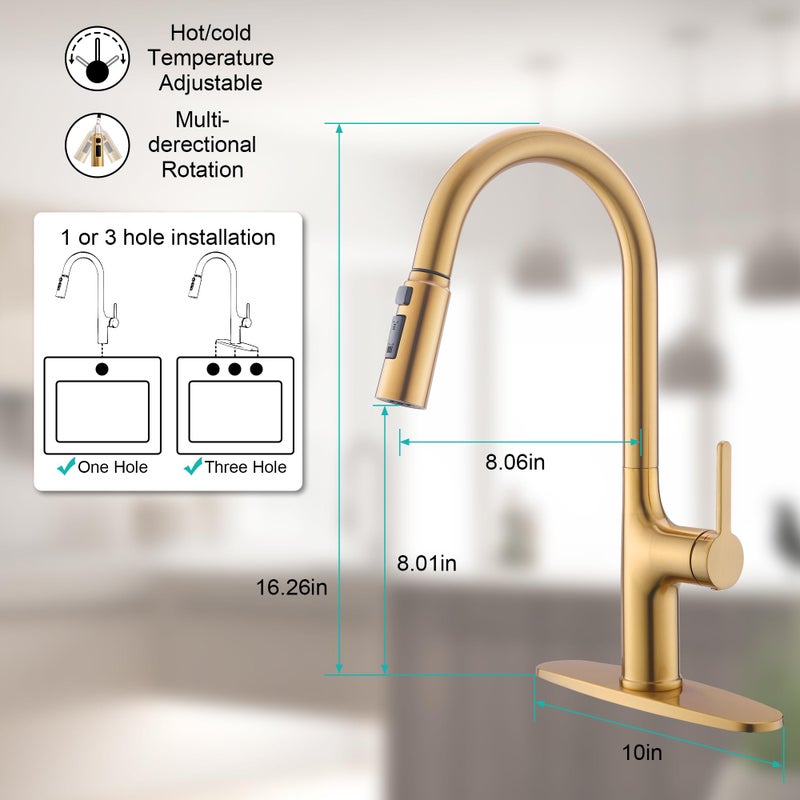 FROPO Brushed Gold Kitchen Faucet, Single Handle Gold Kitchen Sink Faucet with Pull Down Sprayer Modern Stainless Steel Brass Gold Faucet with Deck Plate 3-Function Spray Head 1 or 3 Hole - Image 3