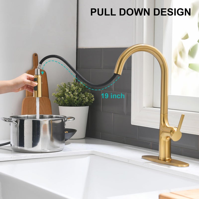 FROPO Brushed Gold Kitchen Faucet, Single Handle Gold Kitchen Sink Faucet with Pull Down Sprayer Modern Stainless Steel Brass Gold Faucet with Deck Plate 3-Function Spray Head 1 or 3 Hole - Image 5