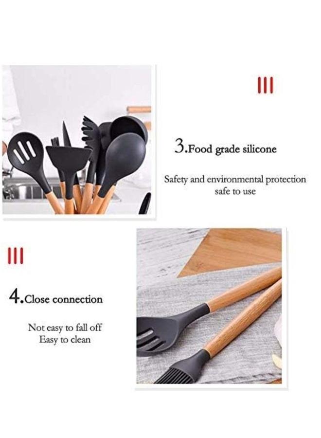 HOMESTAR 11-Piece Wooden Handle Cooking Spoon Set Silicone large Black  - Image 2