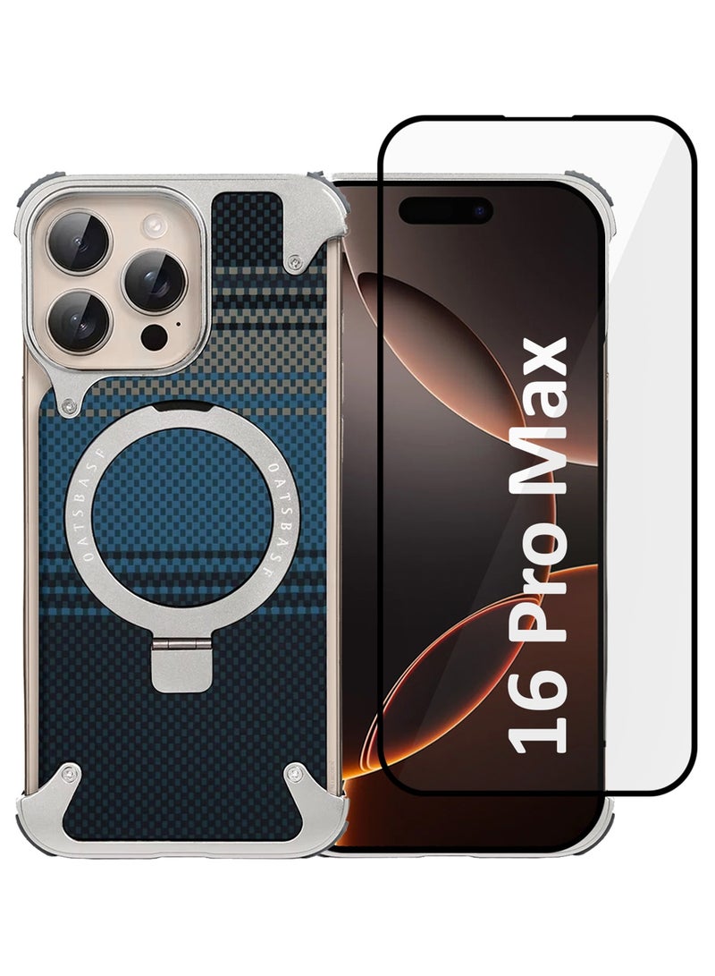 2Packs Case Cover for iPhone 16 Pro Max, Magnetic Ring Stand, Carbon Fiber Texture, Shockproof Armor, MagSafe Compatible with Screen Protector - Blue - Image 1