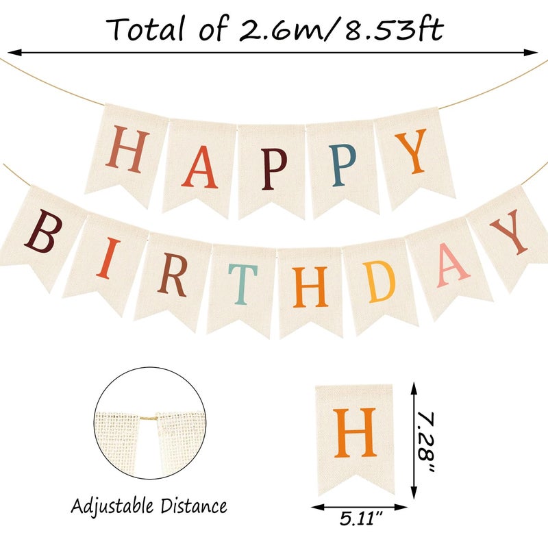 Doumeny Happy Birthday Burlap Banner Boho Birthday Garland Bunting Bohemian Party Hanging Flag White Happy Birthday Bunting Garland Rainbow Party Banner for Women Men Birthday Kid Photo Backdrop - Image 2