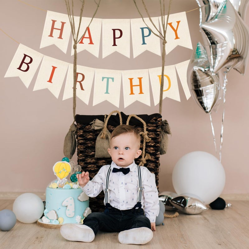 Doumeny Happy Birthday Burlap Banner Boho Birthday Garland Bunting Bohemian Party Hanging Flag White Happy Birthday Bunting Garland Rainbow Party Banner for Women Men Birthday Kid Photo Backdrop - Image 4