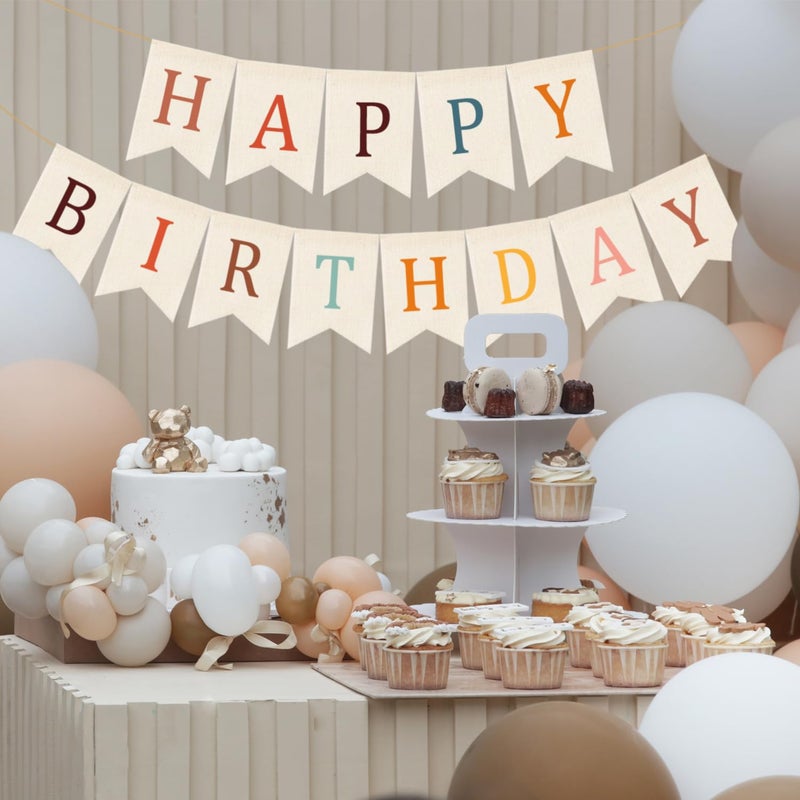 Doumeny Happy Birthday Burlap Banner Boho Birthday Garland Bunting Bohemian Party Hanging Flag White Happy Birthday Bunting Garland Rainbow Party Banner for Women Men Birthday Kid Photo Backdrop - Image 5