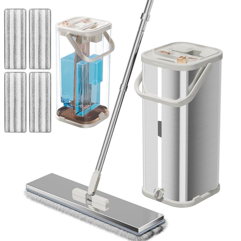 SWIFTIRON Separates Dirty Water Mop Flat Mop and Bucket for Home with 4 Extra Refills Stainless Steel Mop and Bucket with Wringer Silver