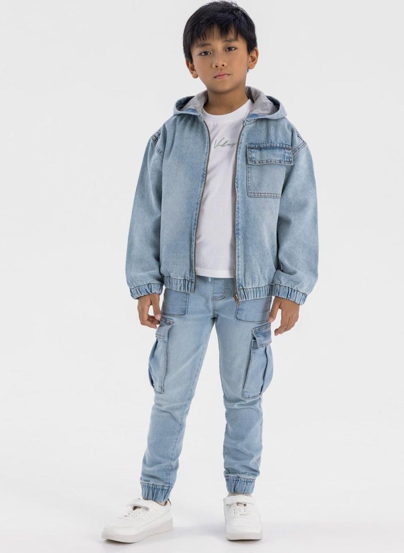 MINOTI Kids' Pull-On Denim Cargo Trousers with Utility Pockets - Image 1